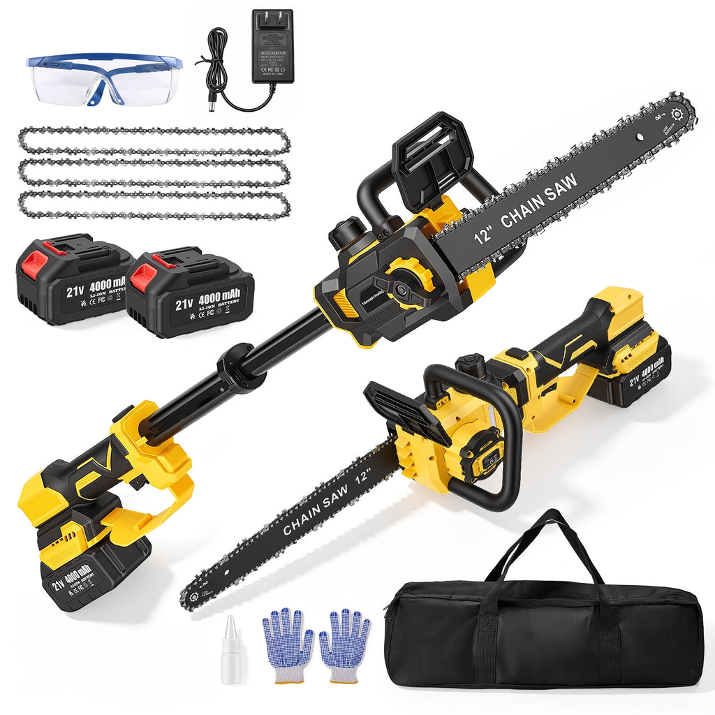 Doulami 12 Inch Cordless Chainsaw, 21V Brushless Power Chain Saw with 2 Batteries, 2-in-1 Telescopic Pole Saw for Tree Trimming, Tool-Free Tension & Auto Lubrication