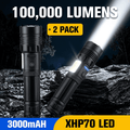 Doulami 2 Pack Flashlight 100000 Lumens, Rechargeable Flashlight, XHP70.2 LED, 3000mAh Battery, IP67 Waterproof, Zoomable Powerful Torch for Hiking Camping