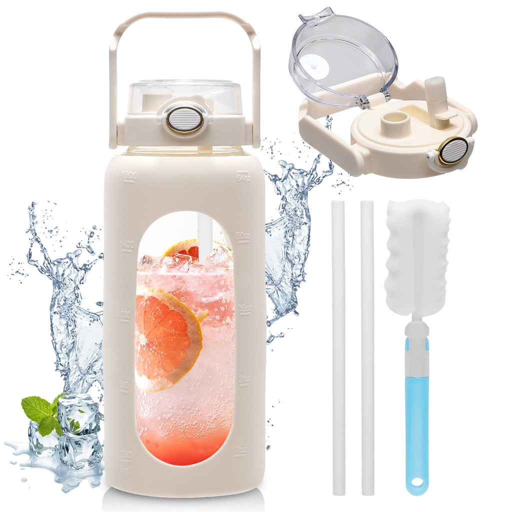 Doulami 64oz Glass Water Bottle with Silicone Sleeve, Half Gallon Water Jug with Time Marker, Straw Lid & Direct Drink Spout, BPA Free Borosilicate Bottle with Handle, Extra Straw & Brush, White