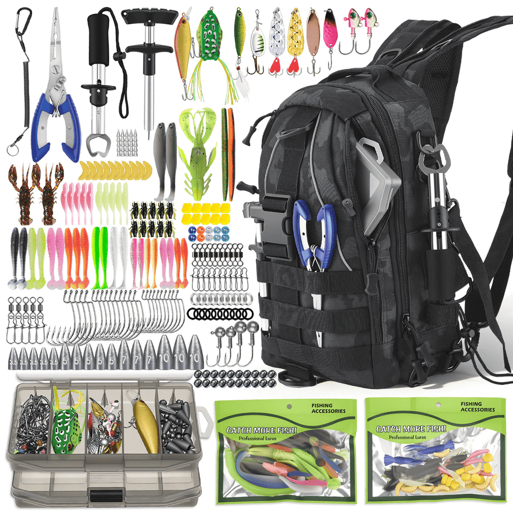 Doulami Fishing Backpack, 208-Pcs Lures & Baits Tackle Kit with Organizer Boxes, Waterproof Camo Complete Starter Set for Men