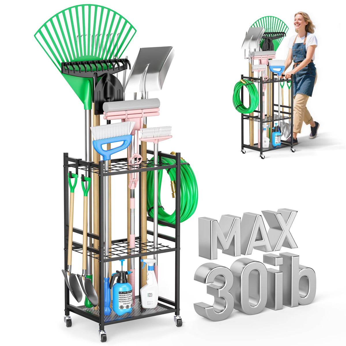 Doulami Garden Tool Organizer Cart, 3-Tier Rolling Garage Tool Rack with 35 Slots & Hooks, Heavy Duty Steel Yard Tool Storage for Shovels Rakes Brooms, Garage Shed Yard