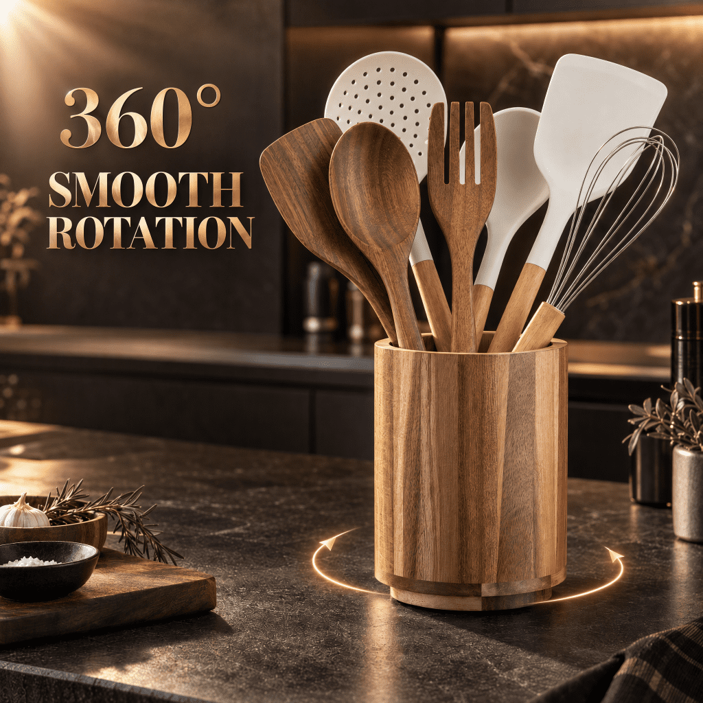 Doulami Utensil Holder, 360° Rotating, 7.2" Wood Cooking Utensil Crock for Countertop, Farmhouse Kitchen Decor