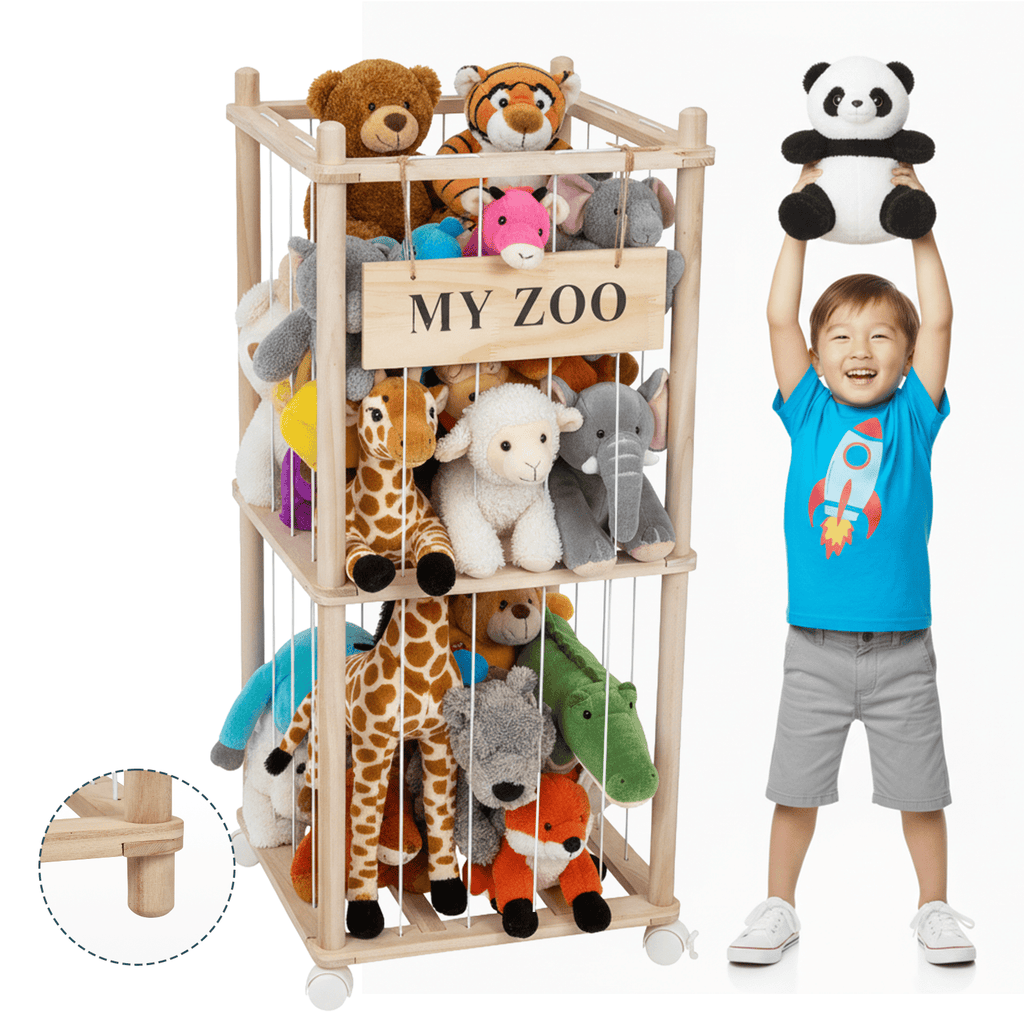 Doulami Wooden Stuffed Animal Storage, Holds Up to 40 Plush Toys, Vertical Corner Plush Toy Storage with Elastic Straps, Zoo Toy Organizer for Kids Nursery Bedroom Playroom
