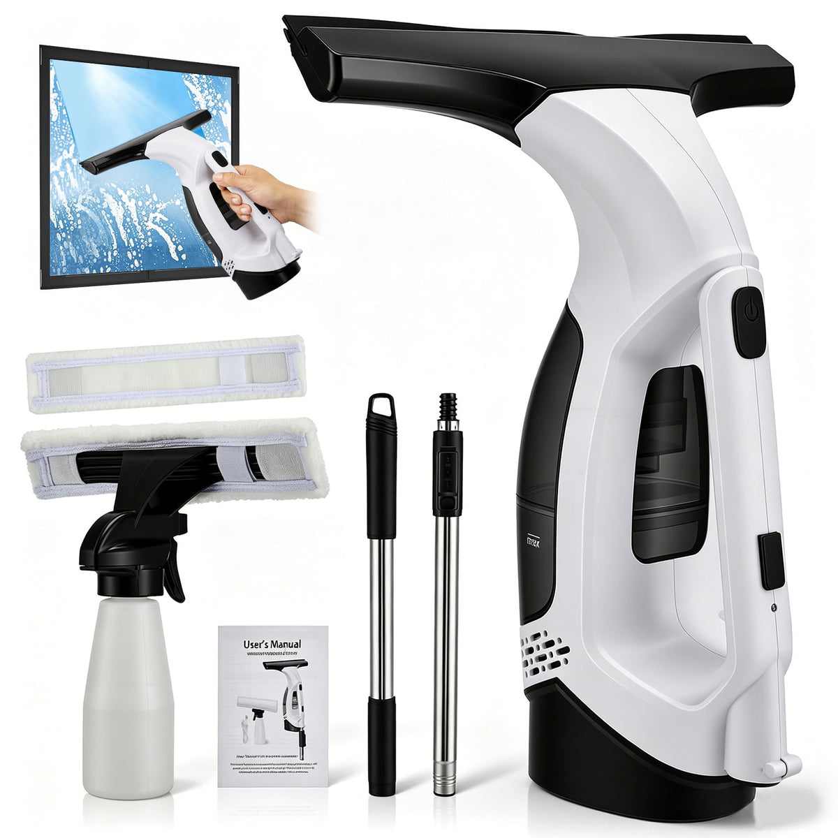 Window Vacuum Squeegee with 31-40" Extension Pole, 2000Pa Electric Window Cleaner Tool with 150ml Tank, 2200mAh Cordless Window Vacuum for Windows, Shower Doors, Mirrors and Tiles