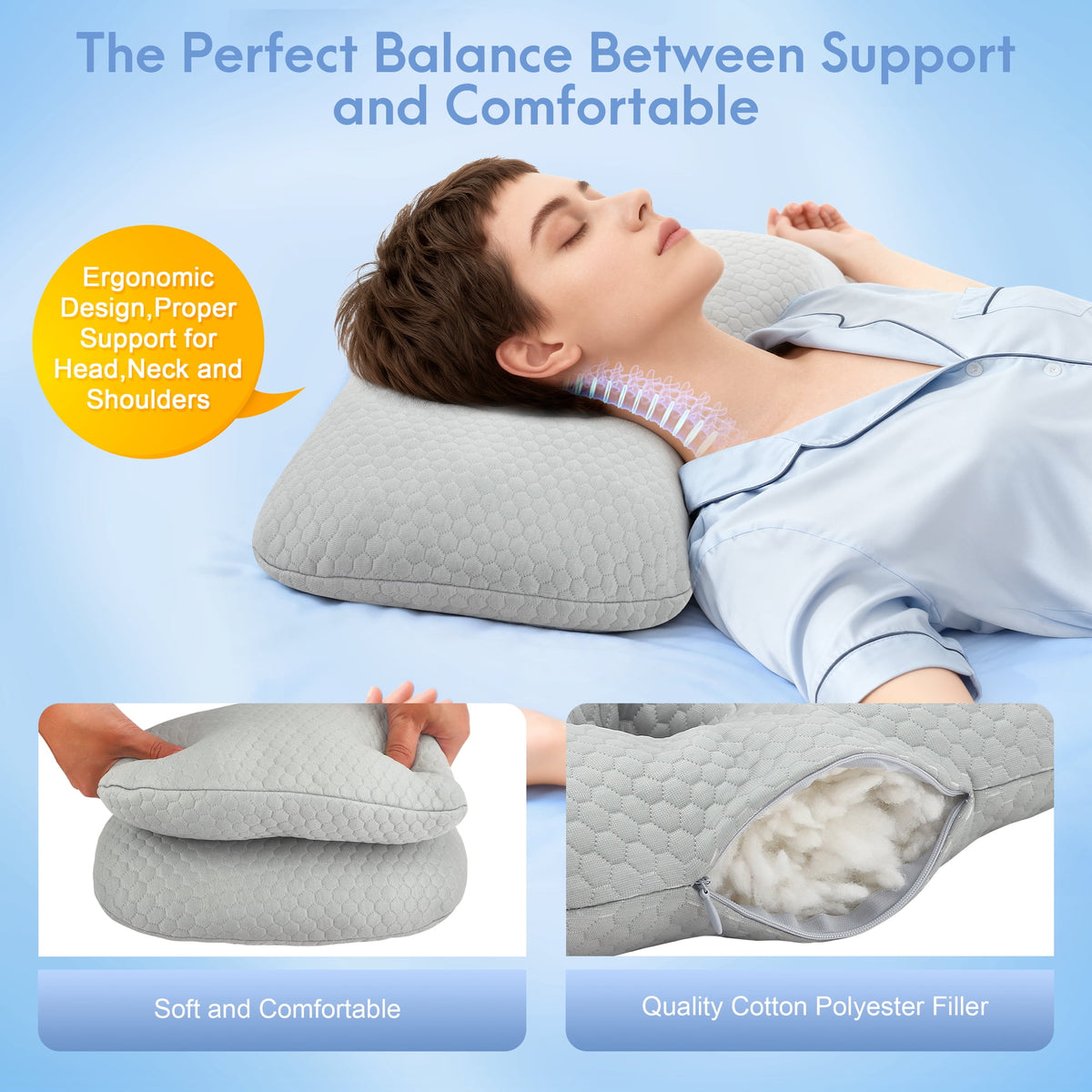 Doulami Side Sleeper Pillow with Center Hole, 3.5" Opening Cotton Polyester Washable Adjustable Pillow for Side Sleepers, Gray