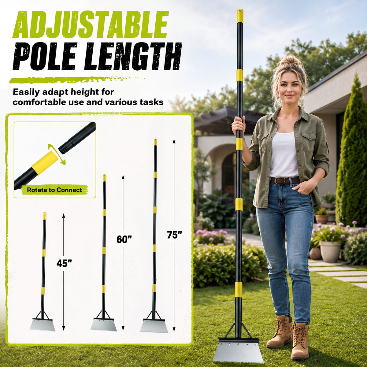 Doulami Heavy Duty Snow Shovel, Steel Flat Shovel with Adjustable Handle, Gardening Scraper Outdoor Spade Tool for Weeding, Lawn Edging, Digging, Ice Removal & Driveway Cleaning