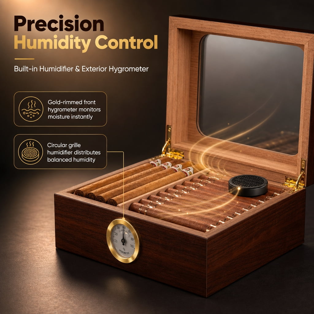 Doulami Handmade Cigar Humidor, featuring Cedar wood desktop box with built-in humidifier and hygrometer, glass top, and capacity for 50 cigars, in brown