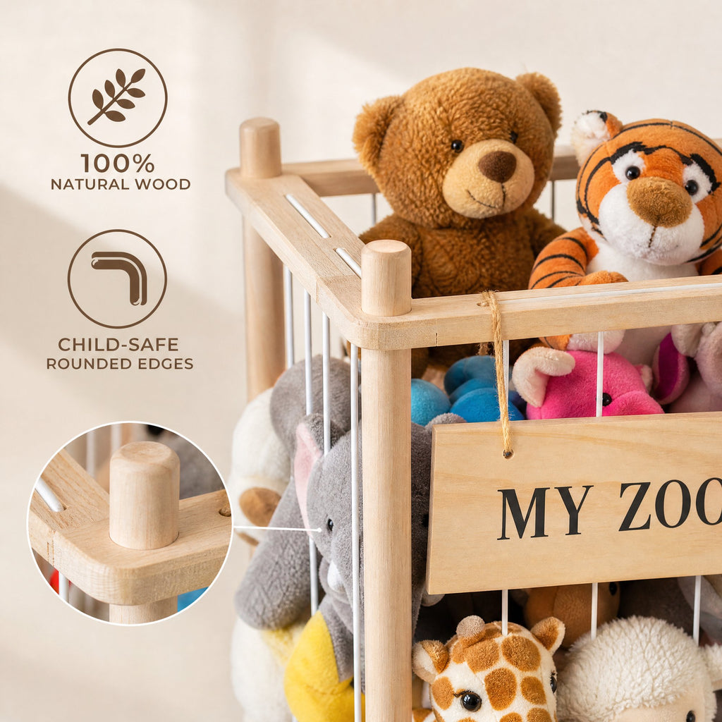 Doulami Wooden Stuffed Animal Storage, Holds Up to 40 Plush Toys, Vertical Corner Plush Toy Storage with Elastic Straps, Zoo Toy Organizer for Kids Nursery Bedroom Playroom