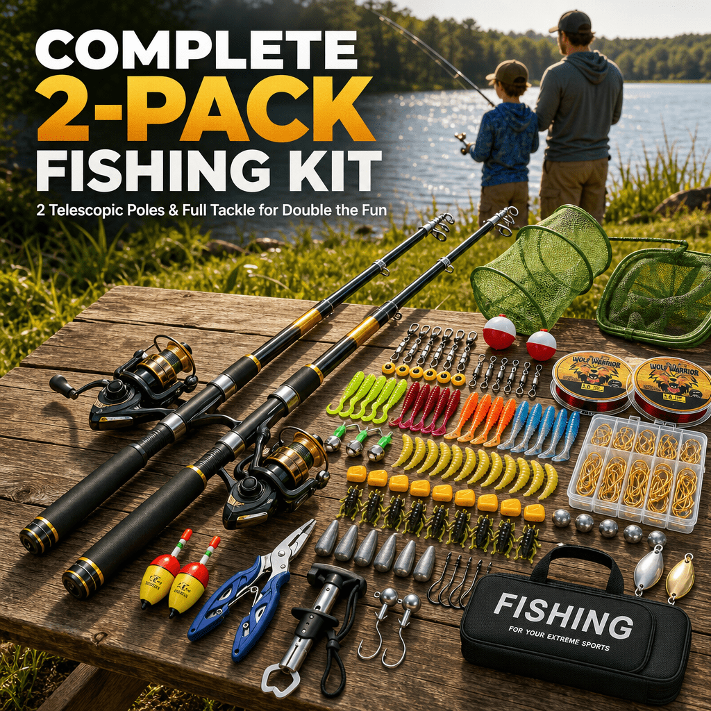 Doulami Fishing Poles, 102-Pcs Lure Kit, 2 Telescopic Fishing Poles (5.9ft & 6.9ft) with Spincast Reel, Hooks Lures Swivels Carry Bag for Beginners