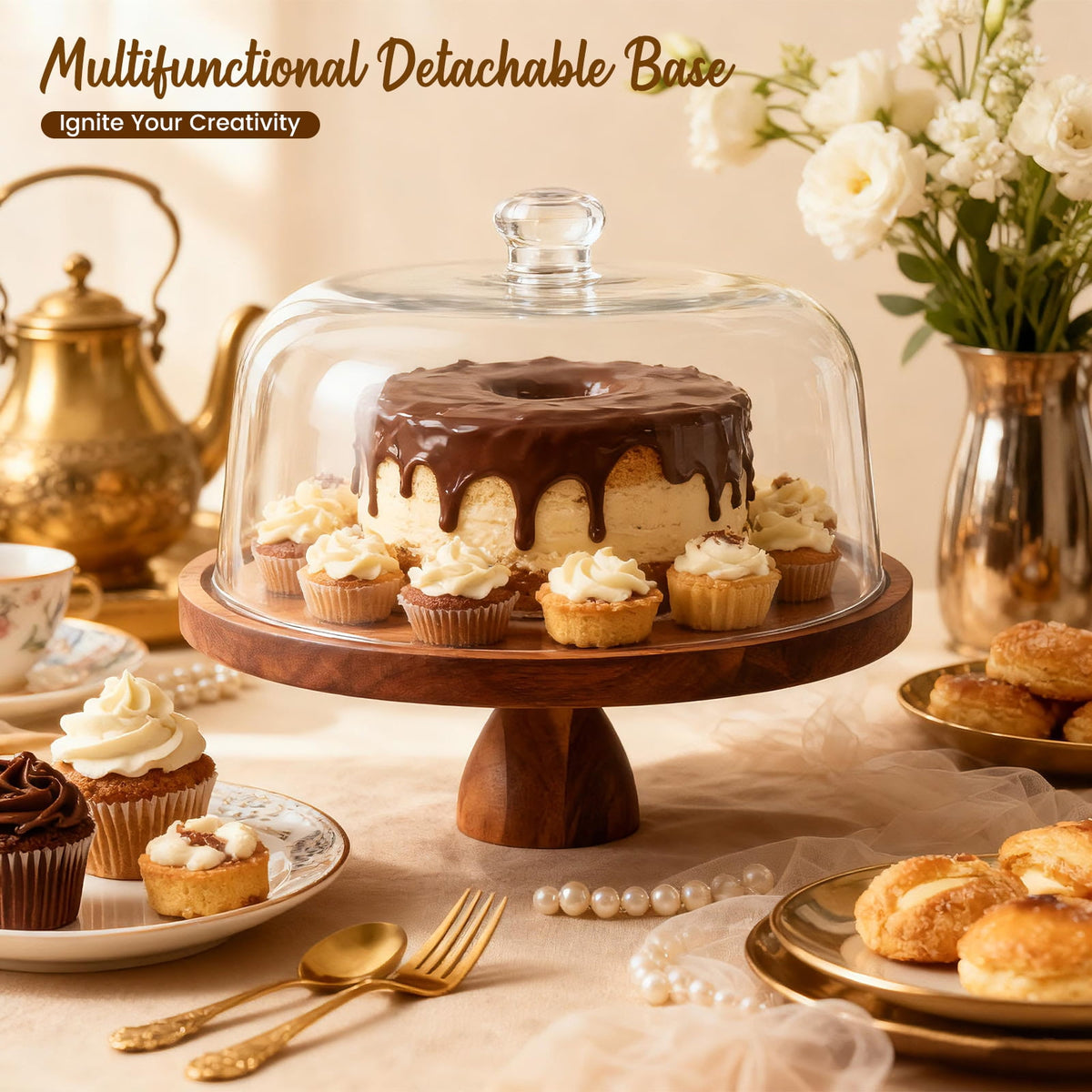 Doulami 12 Inch Cake Stand with Glass Dome, Wooden Cake Display Stand, Multifunctional Serving Tray for Dessert Fruit Salad