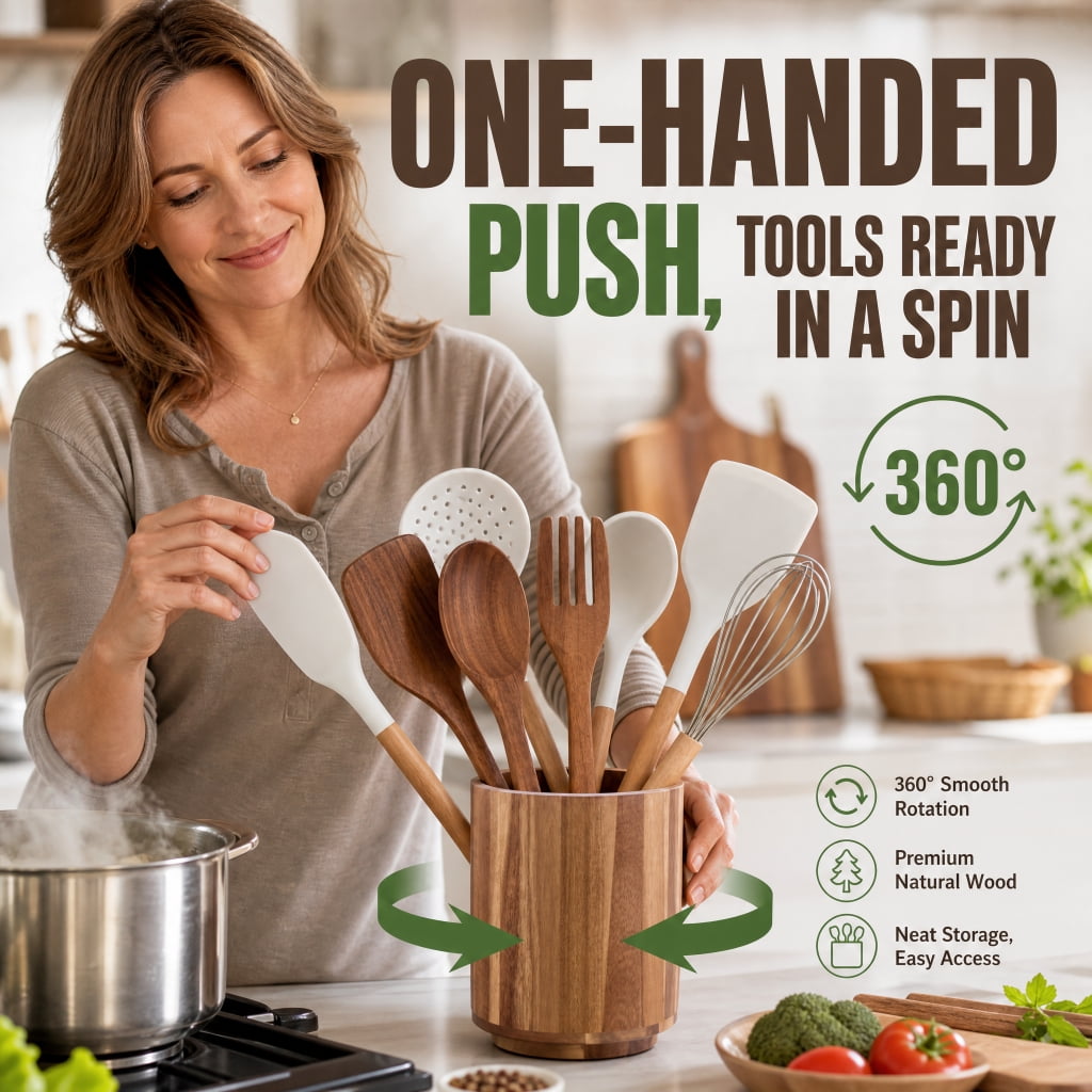 Doulami Utensil Holder, 360° Rotating, 7.2" Wood Cooking Utensil Crock for Countertop, Farmhouse Kitchen Decor