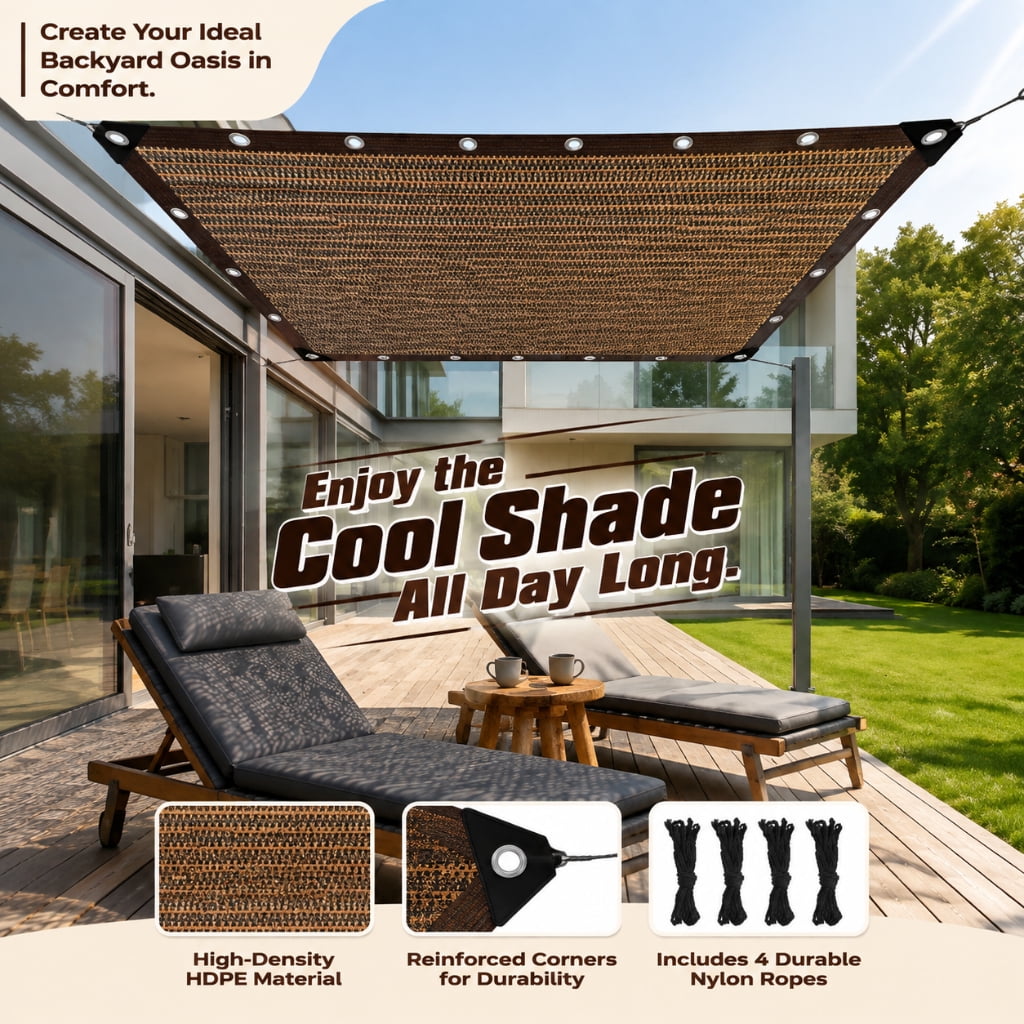 Doulami 10' X 19' Sun Shade Cloth, 90% Patio Sun Shade Canopy, Rectangle Sand UV Block Sunshade for Backyard Yard Deck Patio Garden Outdoor Activities and Facility,brown