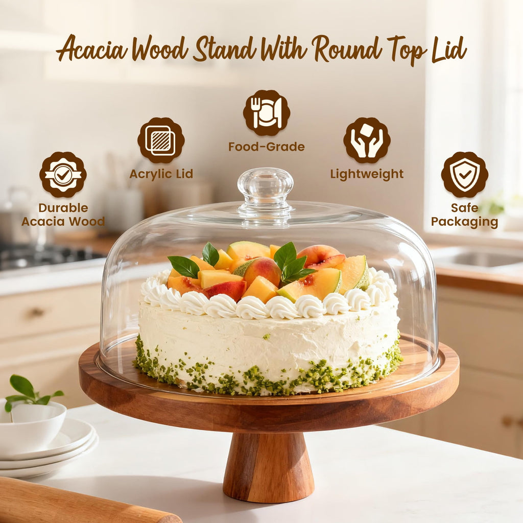 Doulami 12 Inch Cake Stand with Glass Dome, Wooden Cake Display Stand, Multifunctional Serving Tray for Dessert Fruit Salad