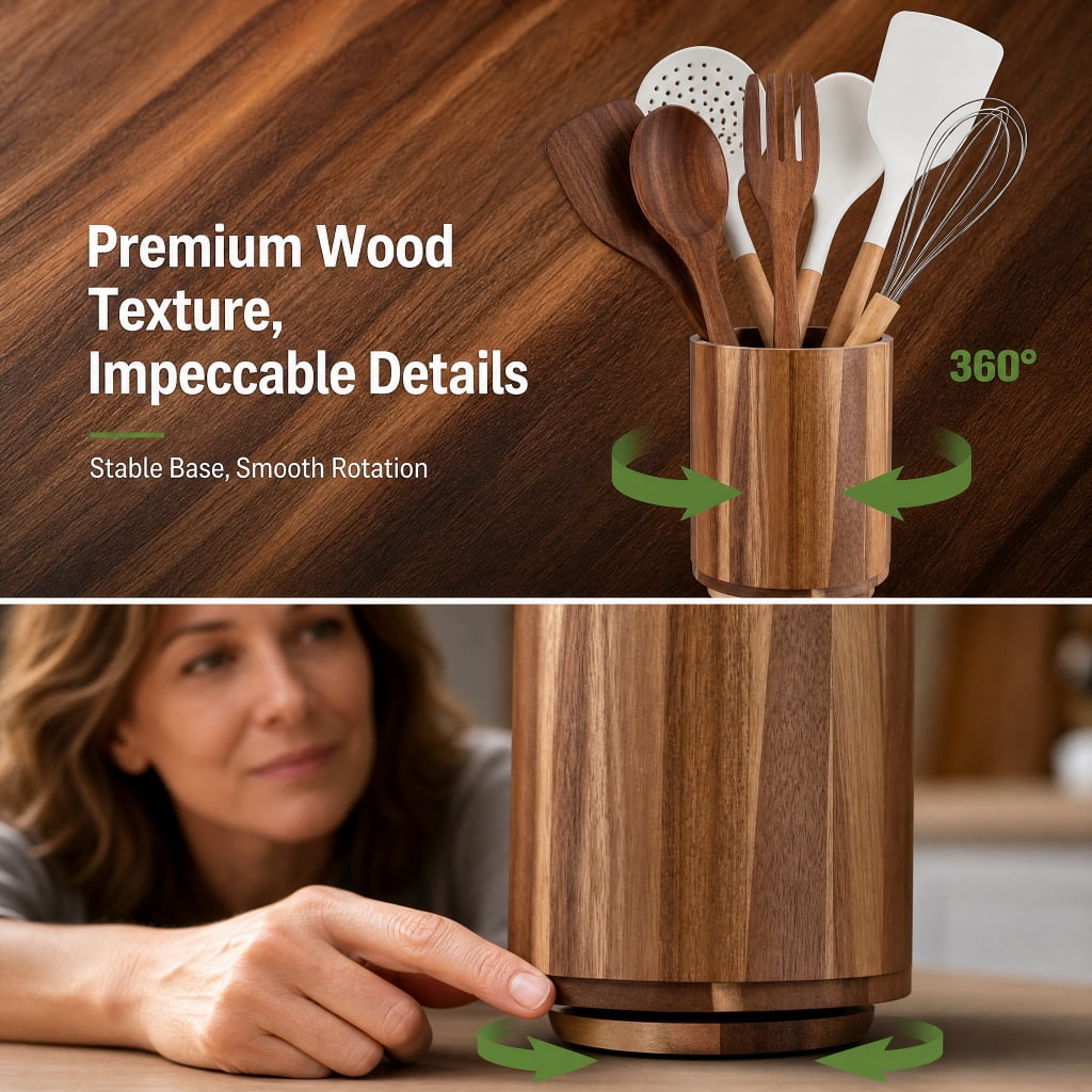 Doulami Utensil Holder, 360° Rotating, 7.2" Wood Cooking Utensil Crock for Countertop, Farmhouse Kitchen Decor