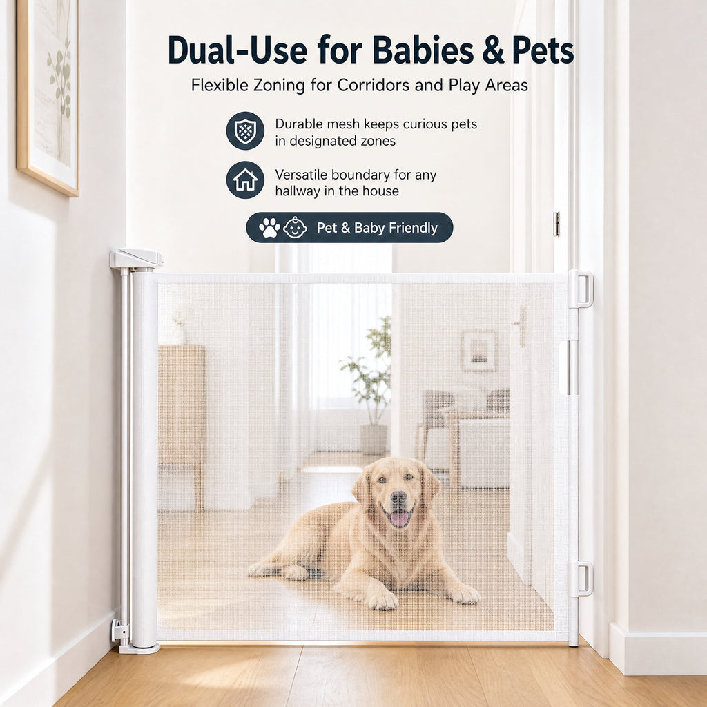 Doulami Retractable Baby Gate for Stairs, 70" Wide x 34" Tall Extra Wide Mesh Pet Dog&Cat Gate with Auto-Lock Safety, White