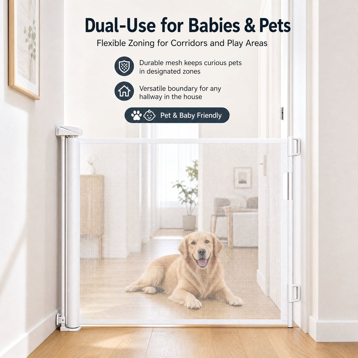 Doulami Retractable Baby Gate for Stairs, 70" Wide x 34" Tall Extra Wide Mesh Pet Dog&Cat Gate with Auto-Lock Safety, White