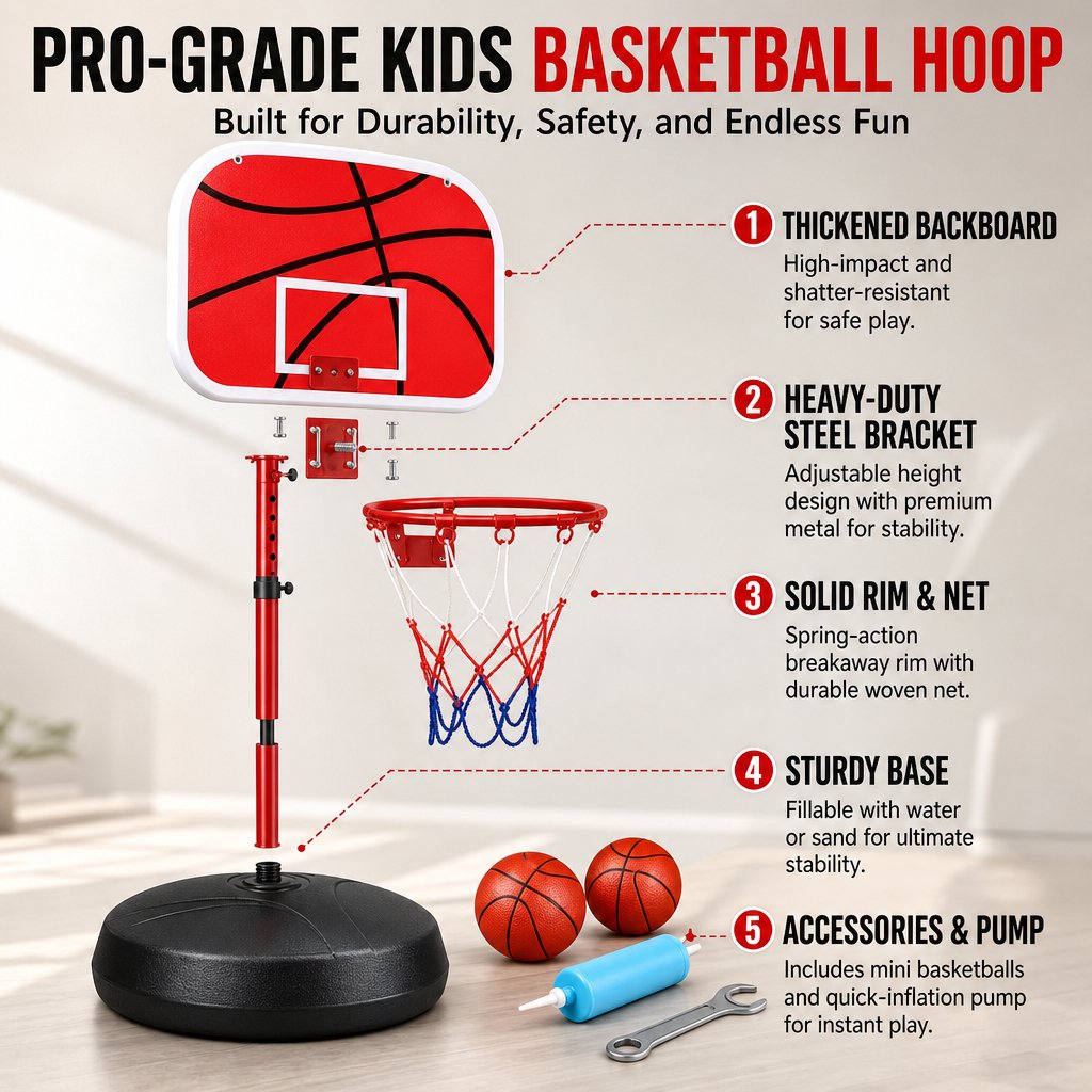 Doulami Kids Basketball Hoop, 1.8M Height Adjustable Indoor Outdoor Mini Basketball Goal Set with 3 Basketballs & Inflatable Pump, Sports Toy Gift for Boys Girls 3-8 Years Old