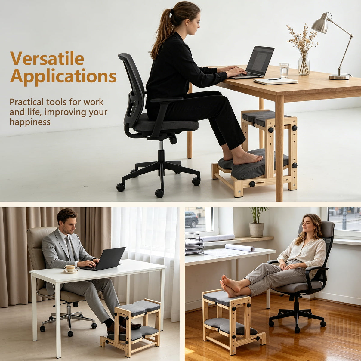 Wooden Foot Rest Under Desk, 2-Tier Adjustable Under Desk Footrest with Removable Washable Cushion, Ergonomic Office Foot Rest Under Desk for Home & Work, 4 Height Levels, 150 lbs