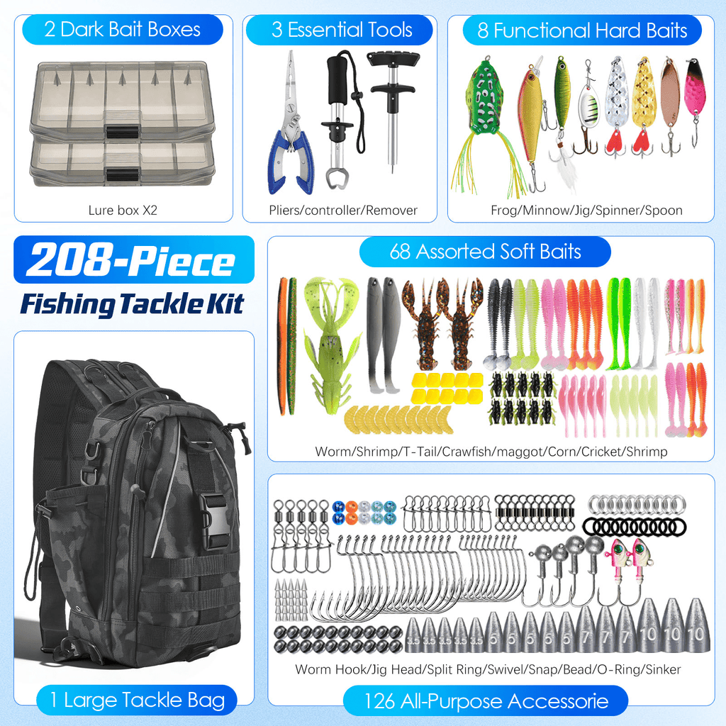 Doulami Fishing Backpack, 208-Pcs Lures & Baits Tackle Kit with Organizer Boxes, Waterproof Camo Complete Starter Set for Men