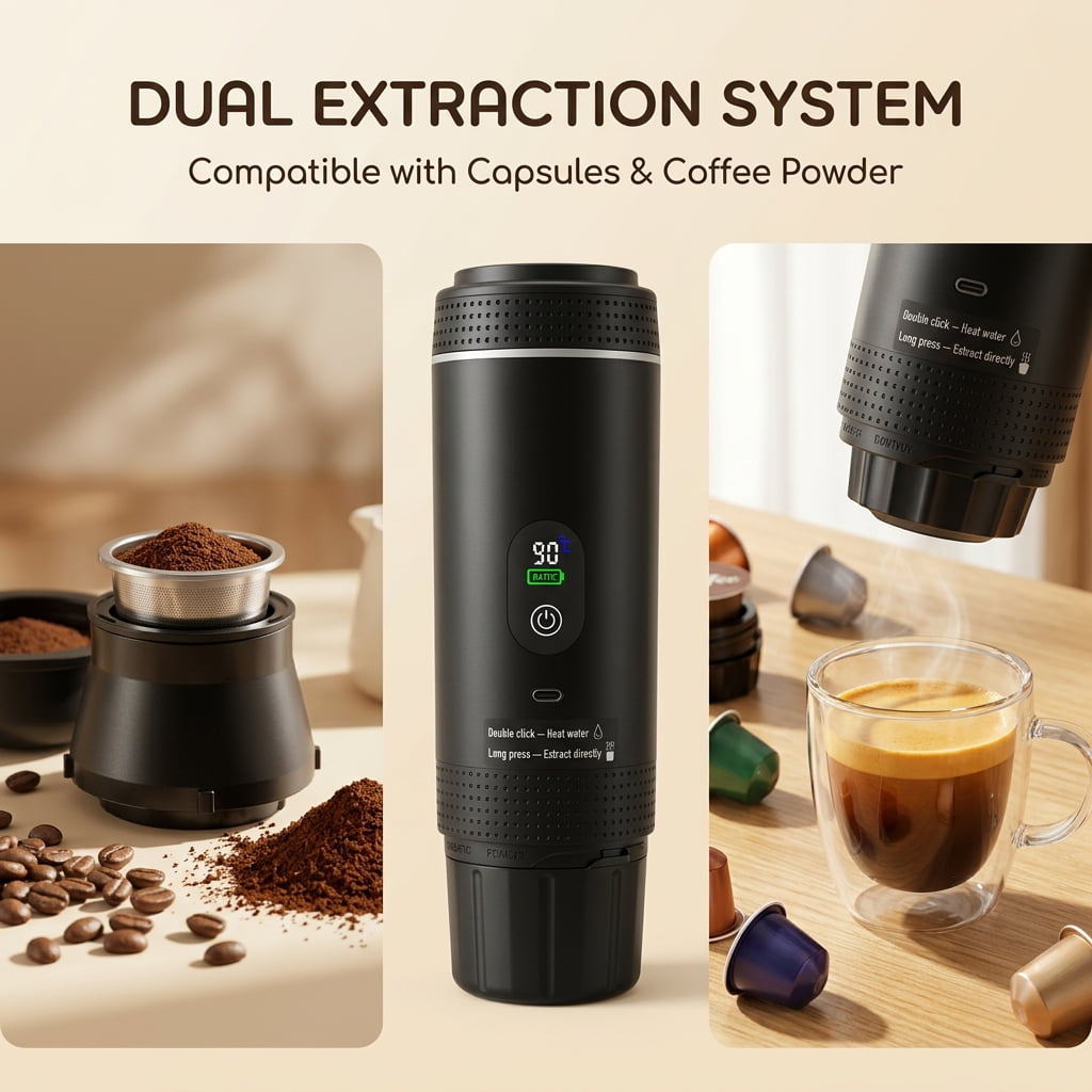 Doulami Rechargeable Cordless Portable Coffee Maker for Travel & Camping, Espresso Machine for Ground Coffee & NS Capsules, Battery Operated for RV, Hiking, Office