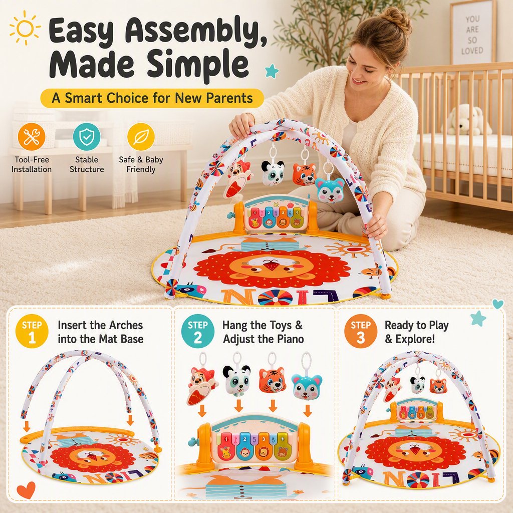 Doulami Baby Play Mat, Lion Activity Gym with Hanging Toys, Music Piano Panel and Round Tummy Time Mat for Babies