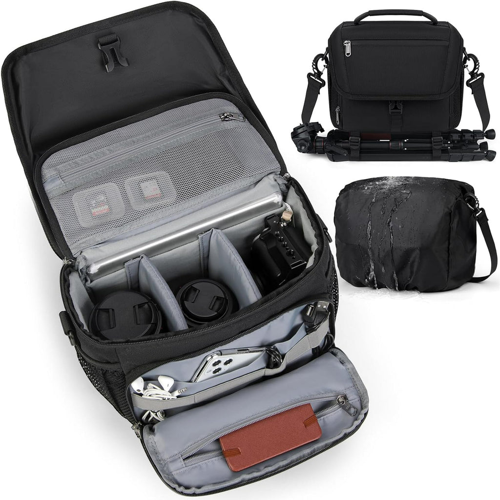 Doulami Camera Crossbody Sling Bag, Shockproof DSLR Mirrorless, Waterproof Rain Cover & Tripod Holder, Custom Dividers Adjustable Strap, Black