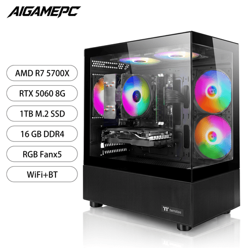 AIGAMEPC Gaming PC Desktop Computer, AMD Ryzen 7 5700X, GeForce RTX 5060 8G, 16GB DDR4 RAM, 1TB M.2 NVMe SSD, BX3 650W 80PLUS Bronze PSU, ARGB Fans, WiFi+BT, for Game Design and Office
