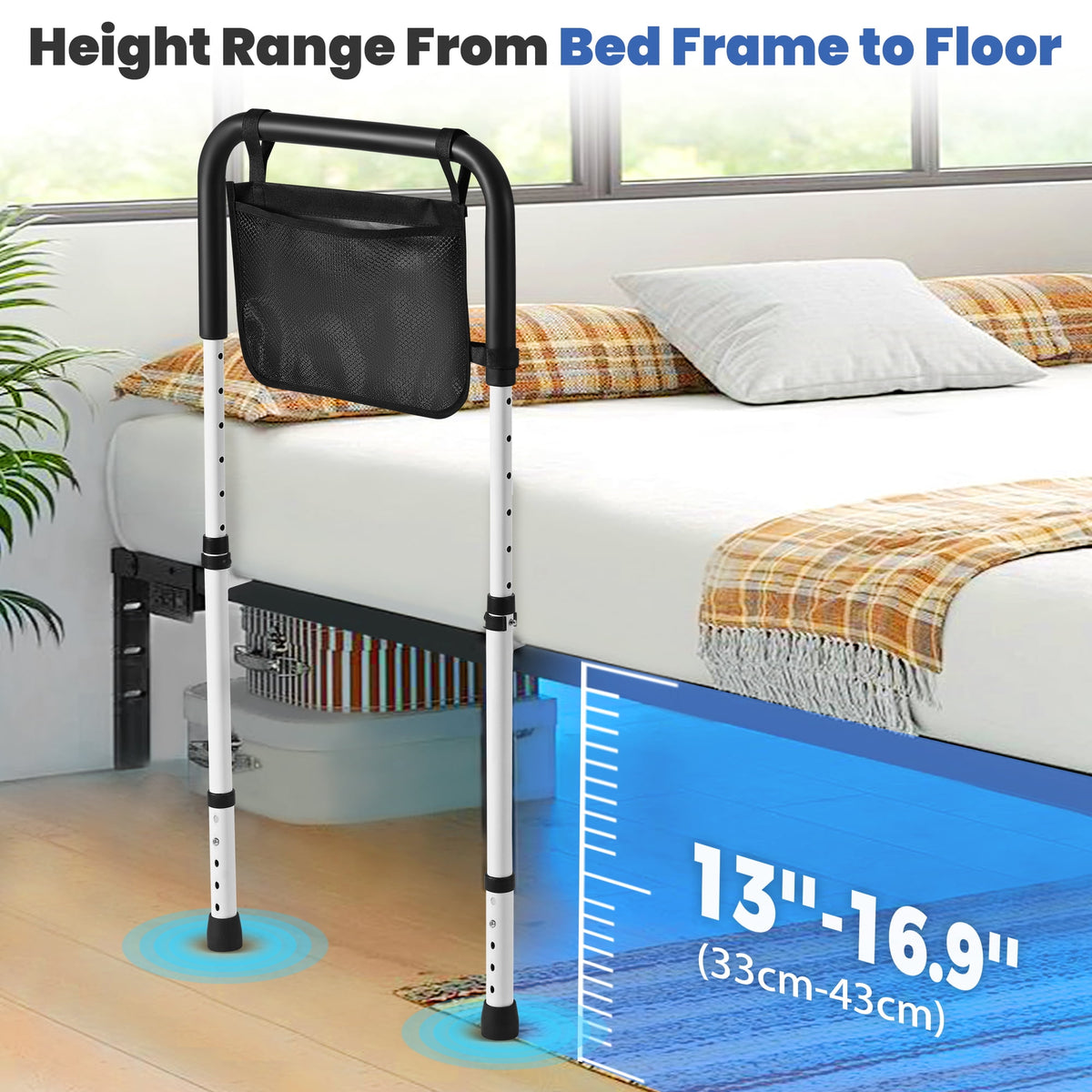 Doulami Bed Assist Rail for Elderly Adults Height Adjustable Bedside Standing Bar for Seniors Safety Bed Handle with Leg Fall Prevent Grab Bar with Storage Pocket