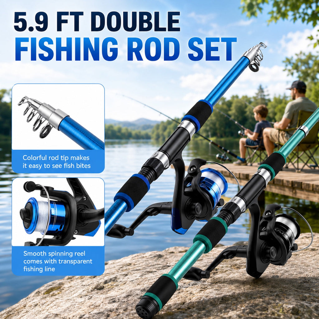Doulami Fishing Poles Combo Set, 2-Pcs 5.9-Ft Telescopic Rods, Fishing Rod and Reel Combo, 76-Pcs Tackle Kit Spinning Reels Box & Bag, Freshwater