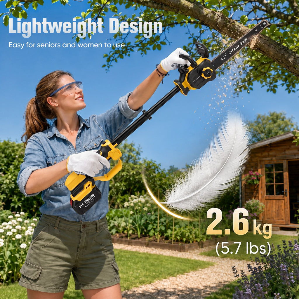 Doulami 12 Inch Cordless Chainsaw, 21V Brushless Power Chain Saw with 2 Batteries, 2-in-1 Telescopic Pole Saw for Tree Trimming, Tool-Free Tension & Auto Lubrication
