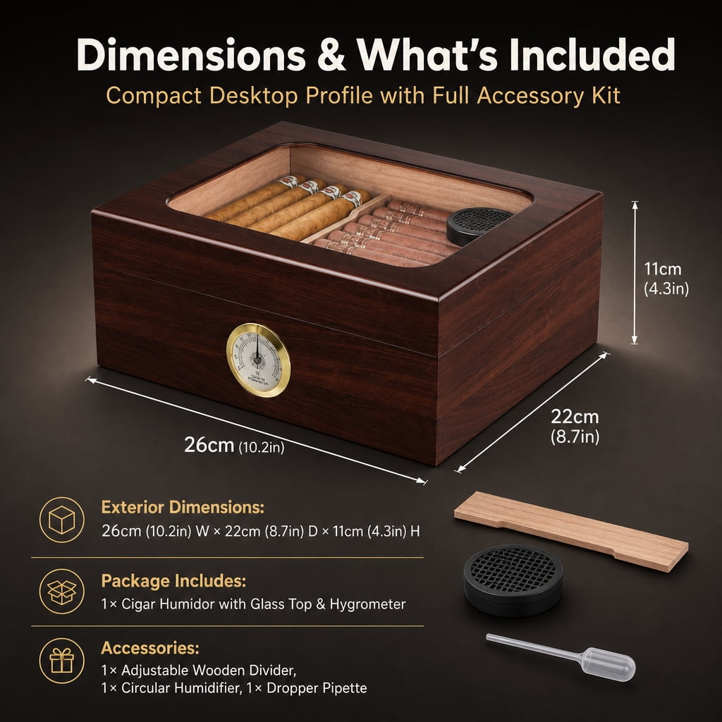 Doulami Handmade Cigar Humidor, featuring Cedar wood desktop box with built-in humidifier and hygrometer, glass top, and capacity for 50 cigars, in brown
